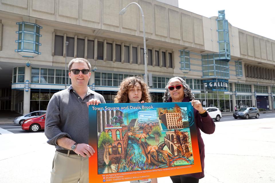 White Plains residents Ben Brown, 35, Jody Borhani-D'Amico, 33, and Valerie Simmons, 71, founding members of Coalition for Addition Without Subtraction near the former Galleria site in White Plains on April 24, 2023.