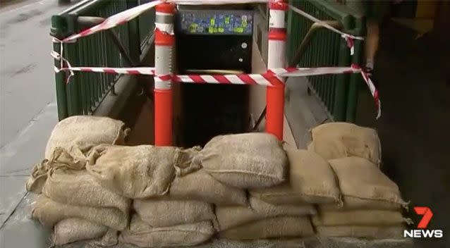 Sandbags were deployed right across the state, including this stack in Melbourne's CBD. Source: 7 News