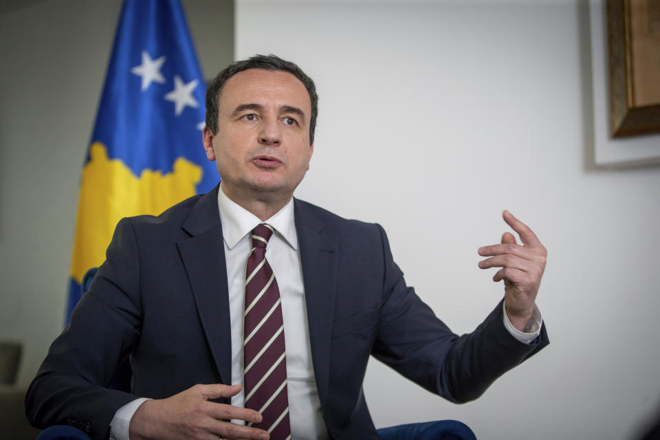 Kosovo Prime Minister Albin Kurti gestures during an interview with The Associated Press in Kosovo's capital Pristina on Thursday, June 8, 2023. Kurti on Thursday complained of bias to his country from the United States and the European Union and tolerance towards Serbia what he called as authoritarian regime. (AP Photo/Visar Kryeziu)