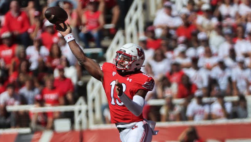 Utah Utes quarterback Nate Johnson (13) throws against the UCLA Bruins in Salt Lake City on Saturday, Sept. 23, 2023.