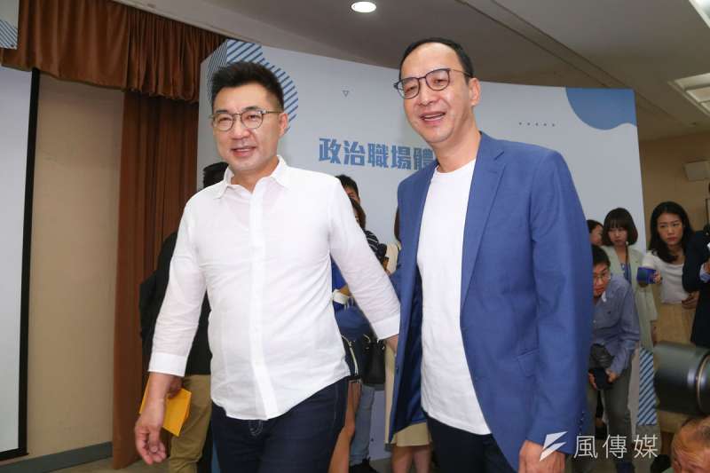 朱立倫（右）角逐黨主席的對手不只有江啟臣（左），還有韓國瑜。（顏麟宇攝）