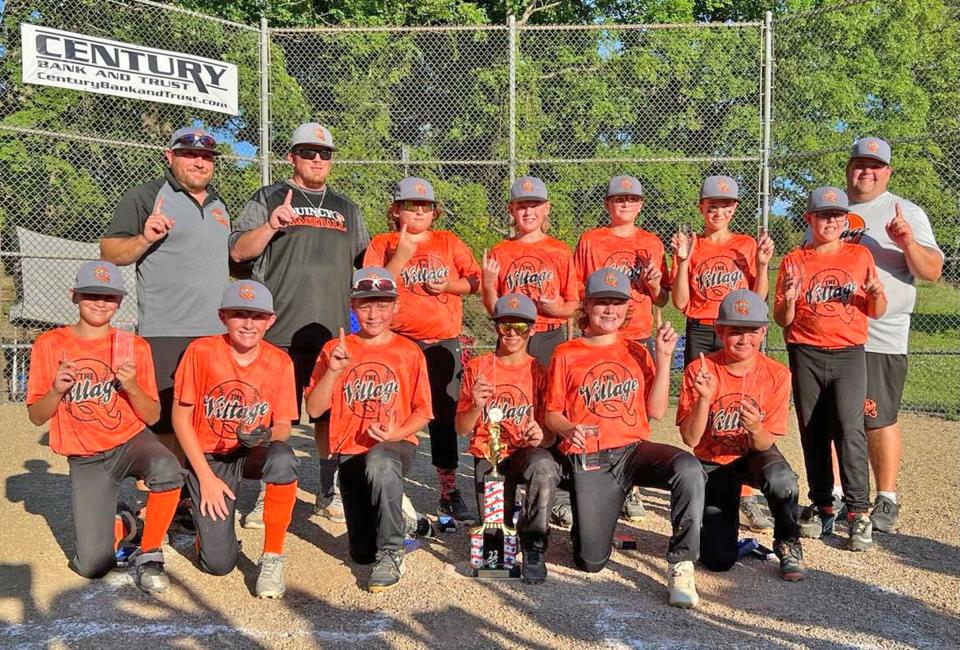 The Village 12U team brought home the M60 Club championship Friday night, defeating the Coldwater 12U Redbirds, 10-2. From left, back row, coach Kevin Dirschell, coach Joey Wright, Daniel Burritt, Bryson Estlow, Carson Crave, Matthew Taylor, Luke Clancy and coach Eric Clancy. Front row, JJ Wright, Kale Dirschell, Joe Gray, Benny Travelbee, Caden Norris and Seth VanStelle.