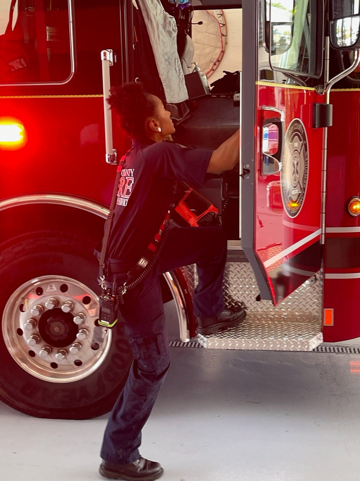 Lexi Sansom, a firefighter with Bay County Fire Rescue, was among the first responders gearing up to go help the victims of Hurricane Idalia.