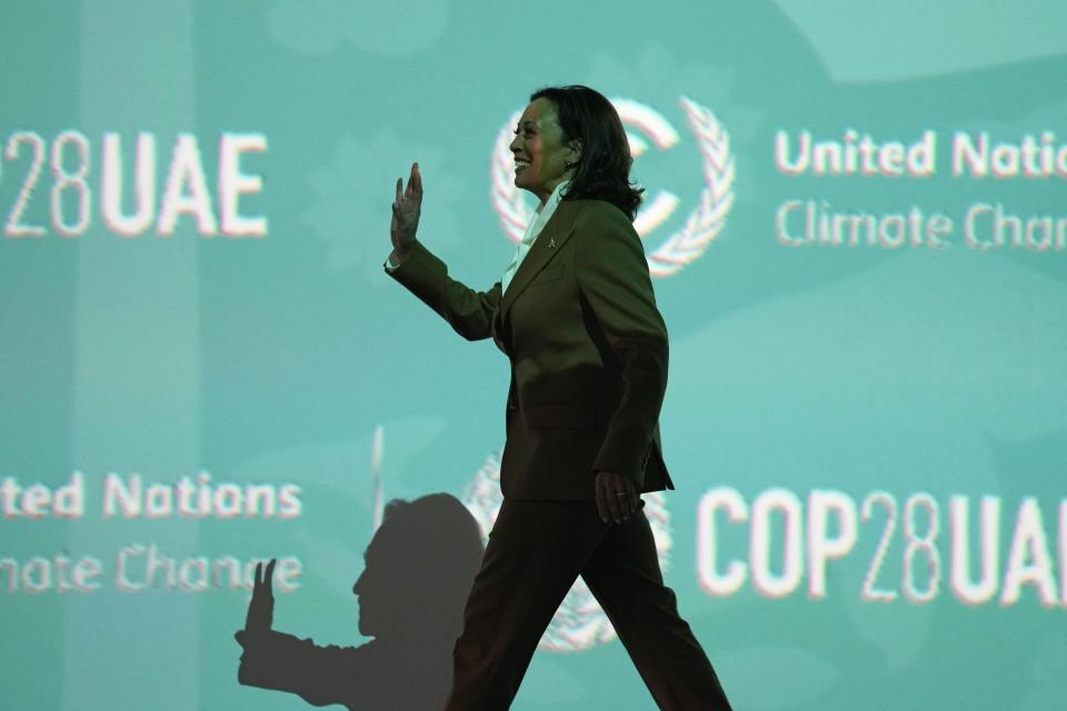 Vice President Kamala Harris arrives to speak at the COP28 U.N. Climate Summit, Saturday, Dec. 2, 2023, in Dubai, United Arab Emirates. (AP Photo/Kamran Jebreili)