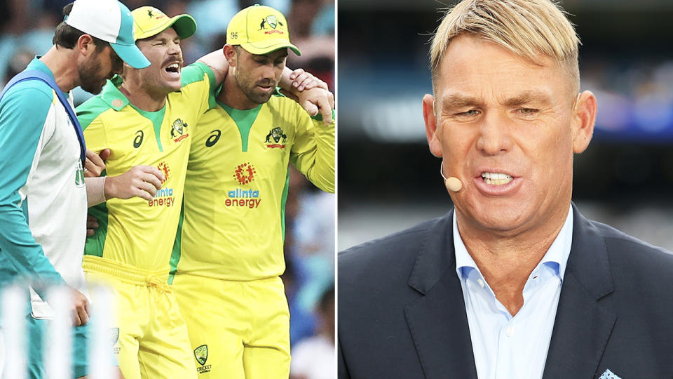 Shane Warne, pictured here speaking after David Warner's injury.