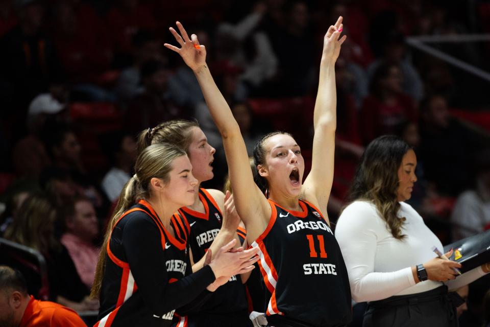 Oregon State Beavers players cheer from the bench during the women’s college basketball game between the Utah Utes and the Oregon State Beavers at the Jon M. Huntsman Center in Salt Lake City on Friday, Feb. 9, 2024. Oregon won the game 58-44. | Megan Nielsen, Deseret News