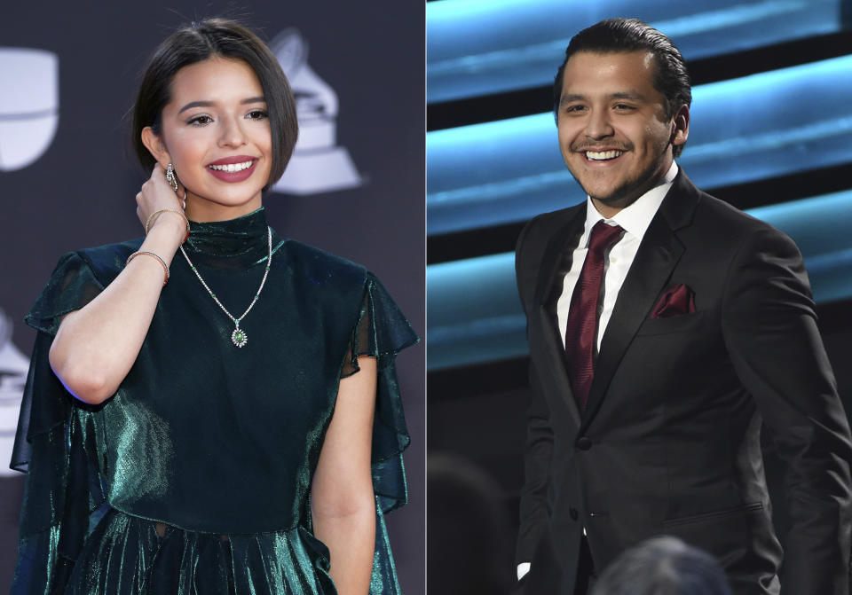 ARCHIVO - En esta combinación de fotografías Ángela Aguilar, izquierda, y Christian Nodal en la 20ª entrega de los Latin Grammy el jueves 14 de noviembre de 2019 en la MGM Grand Garden Arena en Las Vegas. Nodal y Aguilar se casaron el 24 de julio de 2024. (Foto Eric Jamison/Invision/AP, izquierda, y AP Photo/Chris Pizzello)