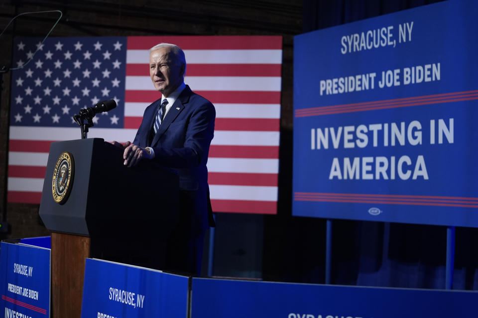 President Joe Biden delivers remarks on the CHIPS and Science Act at the Milton J. Rubenstein Museum, Thursday, April 25, 2024, in Syracuse, N.Y. (AP Photo/Evan Vucci)