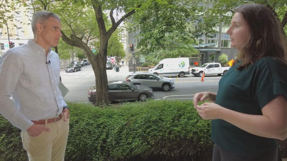 PHOTO: Meredith Moore, right, director of the fish conservation program at Ocean Conservancy and member of the nation's Marine Fisheries Advisory Committee, speaks with ABC News' Devin Dwyer. (ABC News)