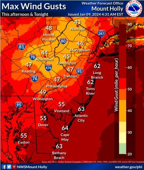 Projected wind gusts for Tuesday night and Wednesday morning.