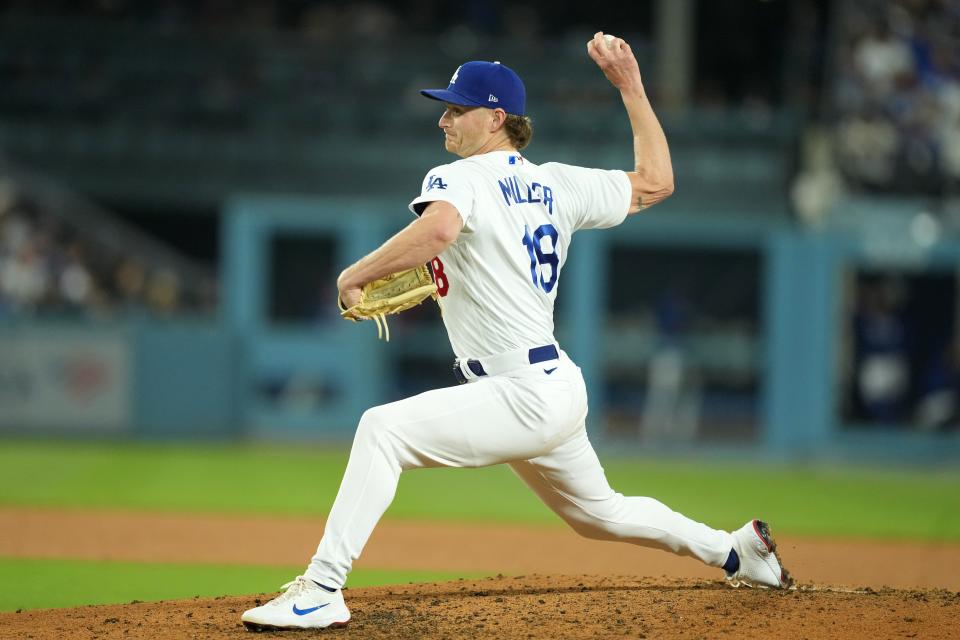 Dodgers pitcher Shelby Miller throws against the Twins on May 16, 2023, in Los Angeles.