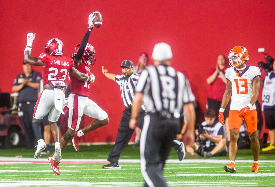 Indiana's Josh Sanguinetti (19) and Jaylin Williams (23) during the Indiana versus Illinois football game at Memorial Stadium on Friday, Sept. 2, 2022.