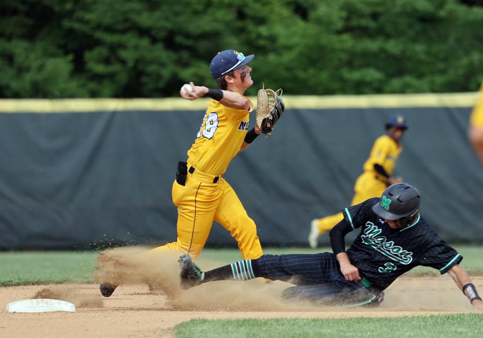 Moeller shortstop Charlie Niehaus gets a force out of Mason baserunner A.J. Lefton in their regional final game at Midland Field June 4, 2022.