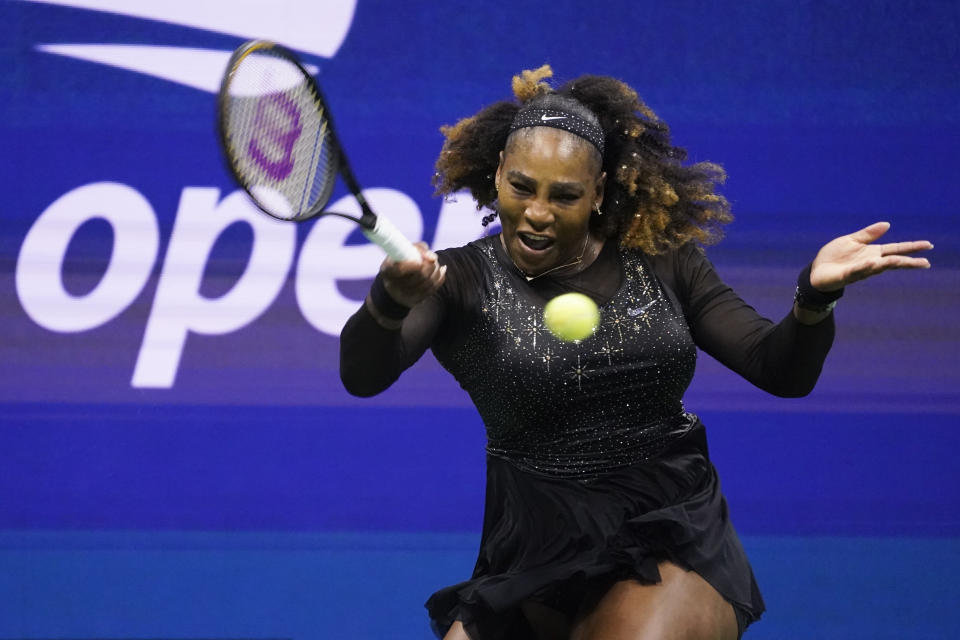Serena Williams, of the United States, returns a shot to Anett Kontaveit, of Estonia, during the second round of the U.S. Open tennis championships, Wednesday, Aug. 31, 2022, in New York. (AP Photo/John Minchillo)