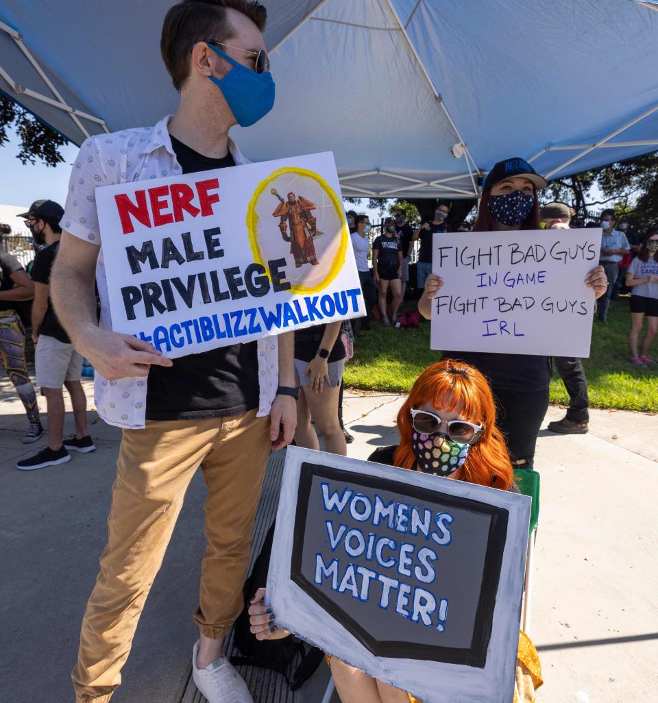 Employees of the video game company, Activision Blizzard, hold a walkout and protest rally to denounce the company's response to a California Department of Fair Employment and Housing lawsuit and to call for changes in conditions for women and other marginalized groups, in Los Angeles on July 28, 2021.