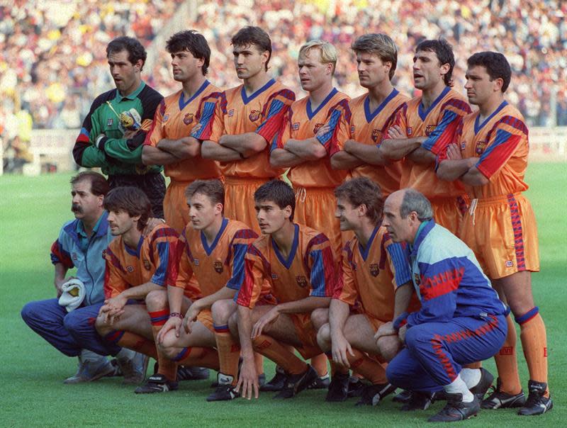 Equipo del FC Barcelona formado antes del encuentro Copa de Europa jugado en Wembley contra la Sampdoria, en 1992. EFE/Archivo