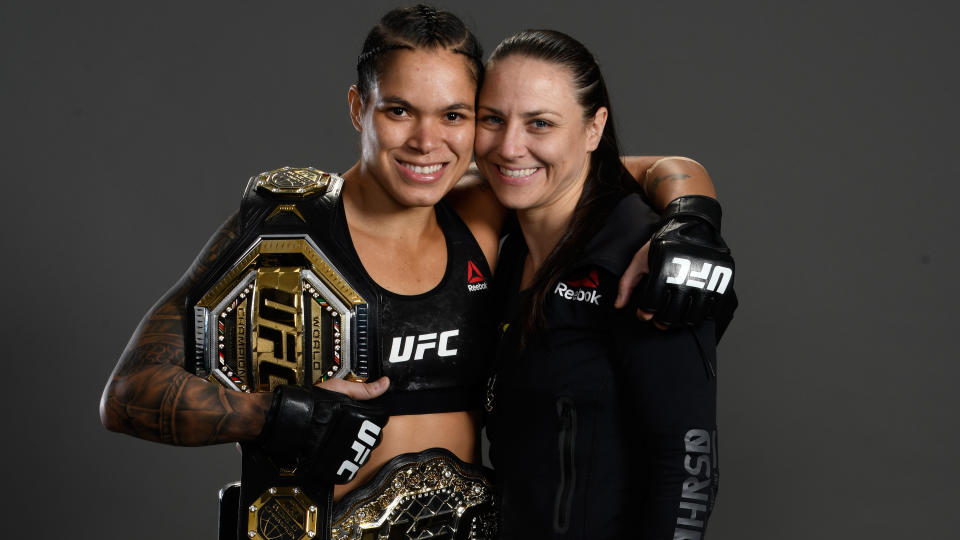 LAS VEGAS, NV - JULY 06: Amanda Nunes of Brazil and Nina Ansaroff pose for a portrait backstage during the UFC 239 event at T-Mobile Arena on July 6, 2019 in Las Vegas, Nevada.  (Photo by Mike Roach/Zuffa LLC/Zuffa LLC)