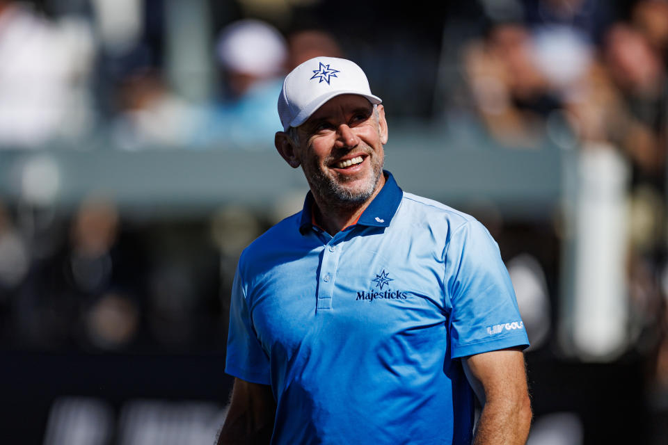 Lee Westwood of team Majestics smiles after throwing a ball into then crowd on the twelfth hole during the first round of LIV Golf Adelaide golf tournament at Grange Golf Club. Mandatory Credit: Mike Frey-USA TODAY Sports