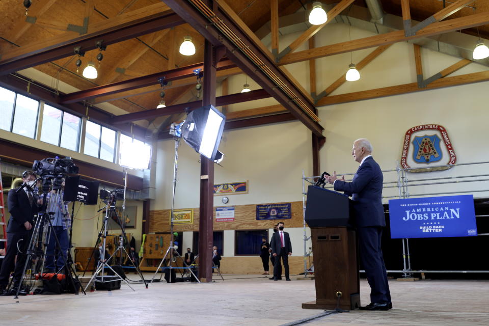 President Joe Biden speaks about his $2 trillion infrastructure plan during an event to tout the plan at Carpenters Pittsburgh Training Center in Pittsburgh, Pennsylvania, U.S., March 31, 2021. (Jonathan Ernst/Reuters)