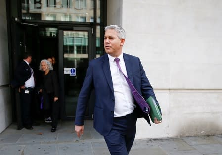 Britain's Secretary of State for Exiting the European Union Stephen Barclay leaves the BBC Headquarters after appearing on the Andrew Marr show, in London