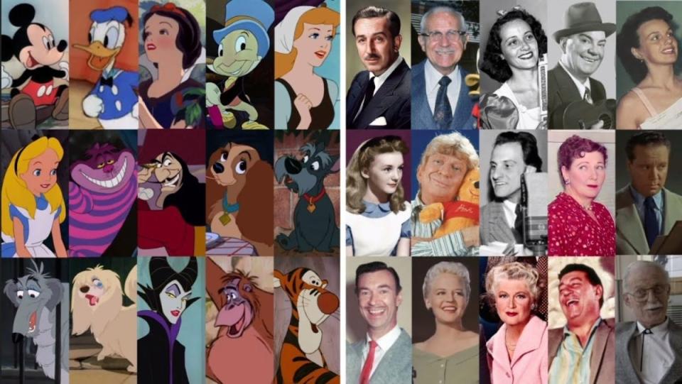 Side by side images of classic Disney characters and the voice actors behind them