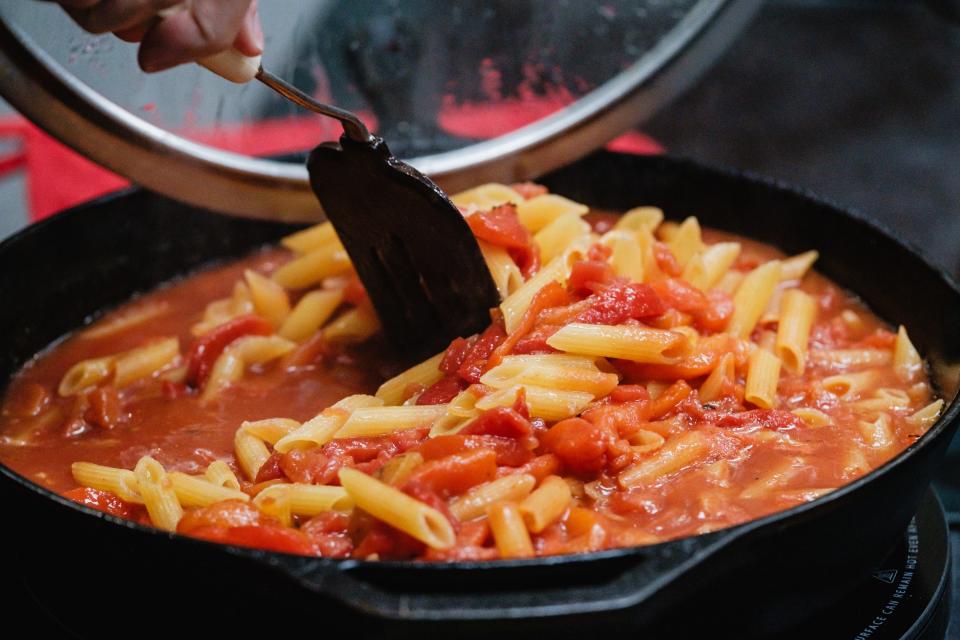 Baked Mostaccioli is prepared during the recent Cooking in Cast Iron class.