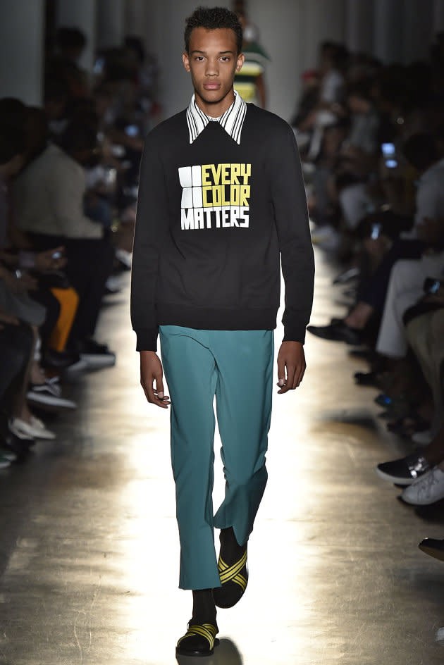 A model wears an Every Colour Matters shirt for the Ports 1961 show during Milan Men’s Fashion Week. <em>(Photo: Getty)</em>