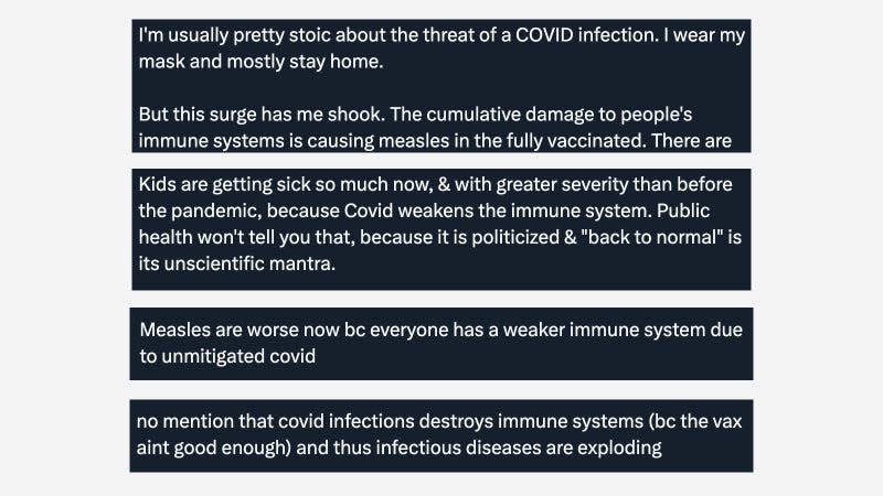 Some of the many social media comments speculating about a link between measles and covid-19. - Screenshot: Ed Cara via Twitter/X