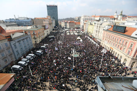 People are seen during the protest against the ratification of the Istanbul Convention in Zagreb, Croatia, March 24, 2018. REUTERS/Antonio Bronic