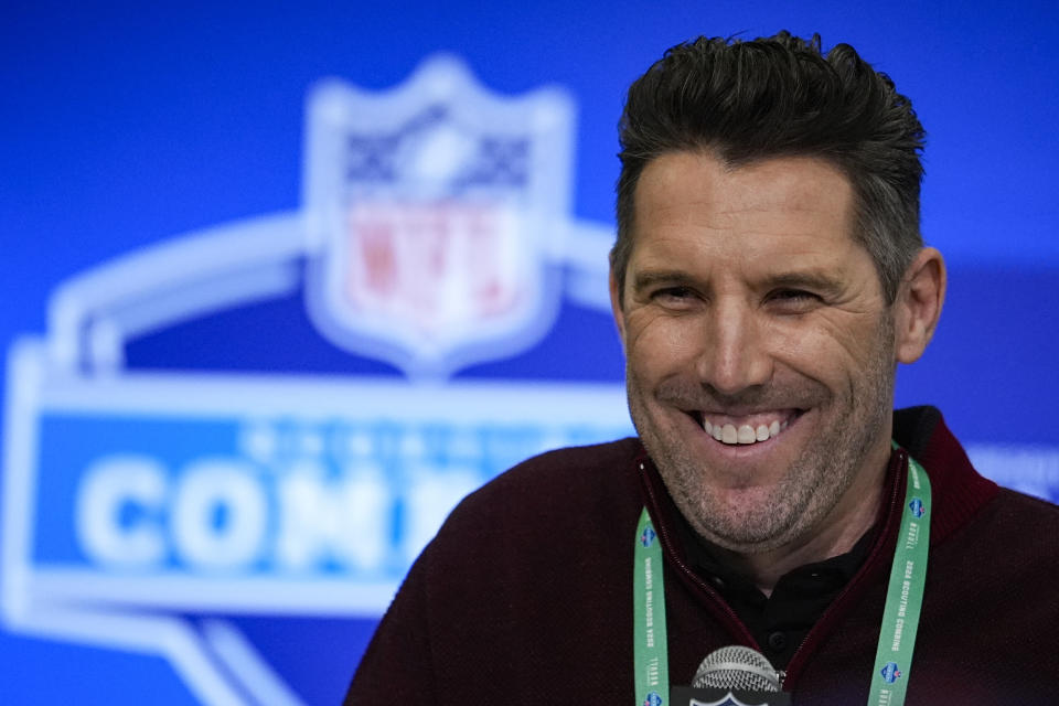 Washington Commanders general manager Adam Peters speaks during a press conference at the NFL football scouting combine in Indianapolis, Tuesday, Feb. 27, 2024. (AP Photo/Michael Conroy)