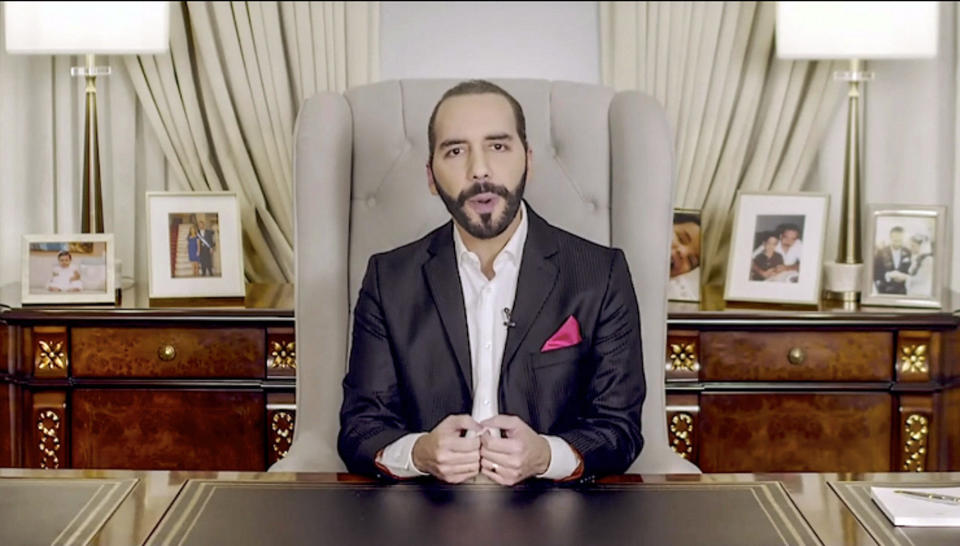 In this image taken from video provided by UN Web TV, Nayib Armando Bukele, President of El Salvador, remotely addresses the 76th session of the United Nations General Assembly in a pre-recorded message, Thursday Sept. 23, 2021, at UN headquarters. (UN Web TV via AP)