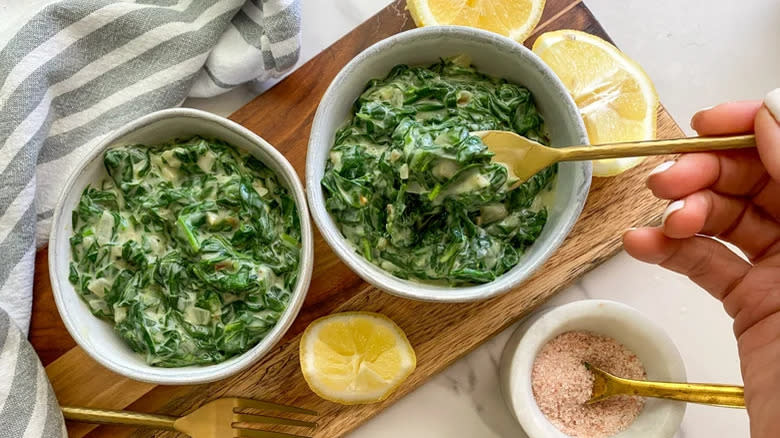 Creamed spinach in bowl