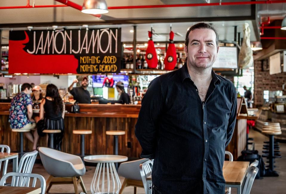 Owner Matt Reilly at Jamón Jamón, the new, ham-focused tapas bar he opened with international cheesemonger Lee Salas at the   Delray Beach Market food hall in Delray Beach.