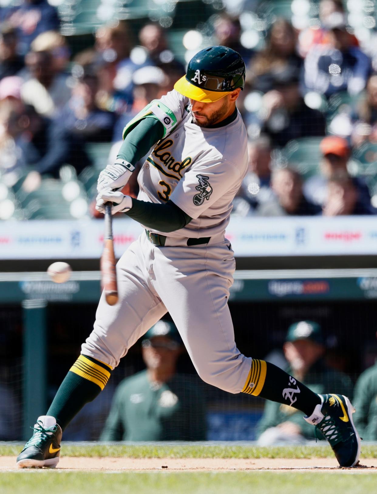 Athletics third baseman Abraham Toro singles against the Tigers during the first inning on Sunday, April 7, 2024, at Comerica Park.