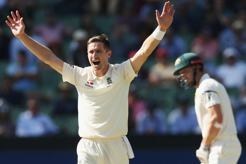 MELBOURNE, AUSTRALIA - DECEMBER 26:  Chris Woakes of England unsuccessfully appeals for an LBW against Shaun Marsh of Australia during day one of the Fourth Test Match in the 2017/18 Ashes series between Australia and England at Melbourne Cricket Ground on December 26, 2017 in Melbourne, Australia.  (Photo by Michael Dodge/Getty Images)