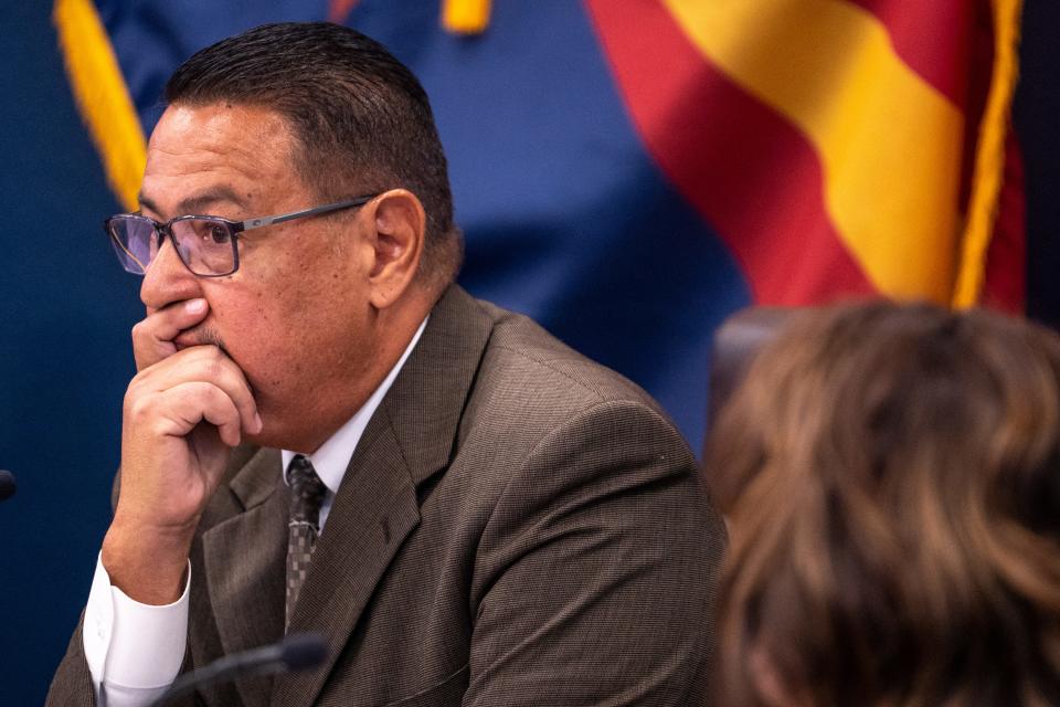 Maricopa County District 5 Supervisor Steve M. Gallardo attends a special board of supervisors meeting to vote on appointing a new sheriff in Phoenix on Feb. 8, 2024. Gallardo was the only supervisor to vote against appointing Russ Skinner as sheriff.