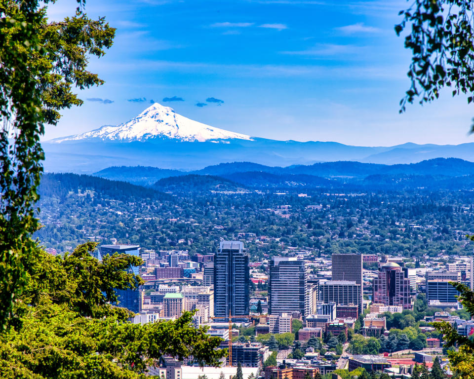 Aerial view of Portland, Oregon take in spring