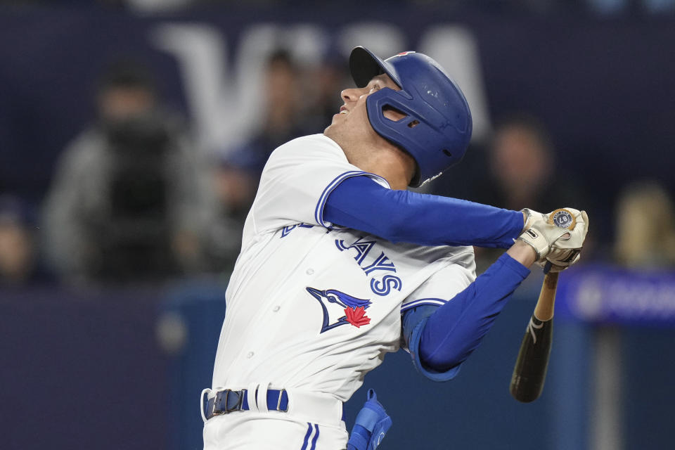 Toronto Blue Jays' Cam Eden bats during the eighth inning against the Tampa Bay Rays in a baseball game Friday, Sept. 29, 2023, in Toronto. Eden struck out on the at-bat. (Chris Young/The Canadian Press via AP)