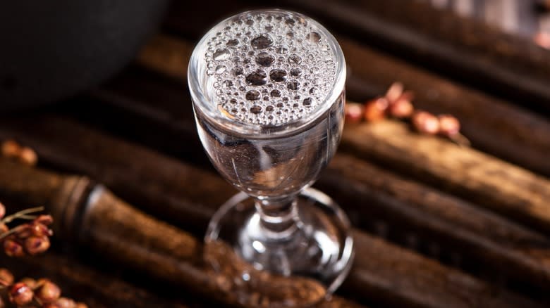 Top-down closeup of a glass of baijiu
