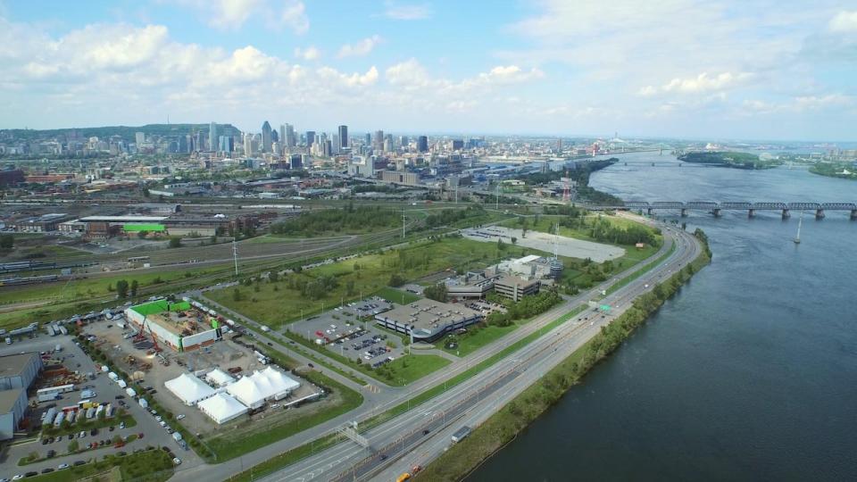 The Bonaventure Expressway as it looks today with vehicle traffic lanes along the St. Lawerence River heading into downtown Montreal.