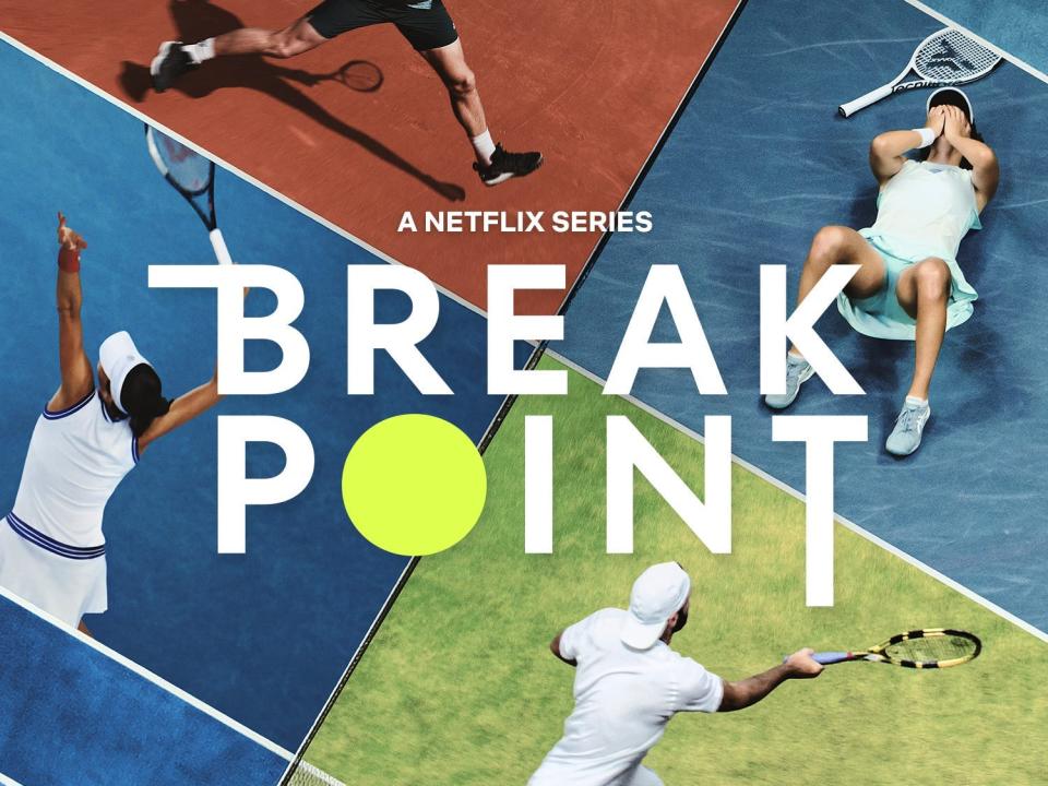 A poster for the "Break Point" Netflix tennis series, which shows four tennis players mid-swing.