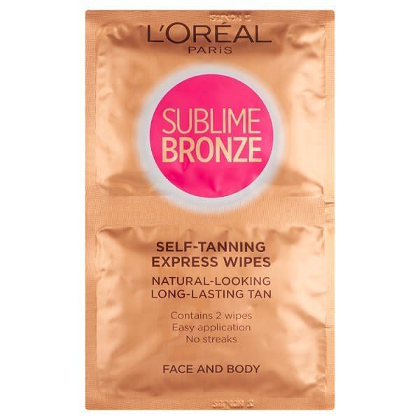 <p>Ideal for topping up your tan when you’re on holiday, these wipes aren’t perfumed and have the added benefit of protecting skin from UV rays of up to SPF30. They colour is light and so streaks aren’t very likely. Plus, they fit in your hand luggage. A very welcome benefit. </p><p><a href="http://www.superdrug.com/Save-third-on-selected-LOreal/L%27Oreal-Paris-Sublime-Self-Tanning-Wipes/p/155217" rel="nofollow noopener" target="_blank" data-ylk="slk:Buy it here." class="link rapid-noclick-resp">Buy it here. </a></p>