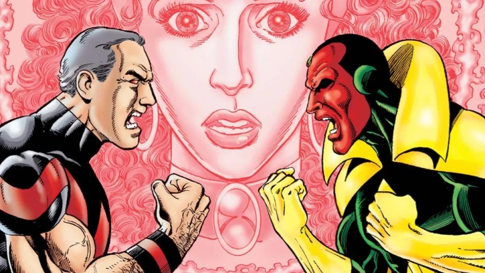 The love triangle of Wonder Man, Scarlet Witch, and Vision.