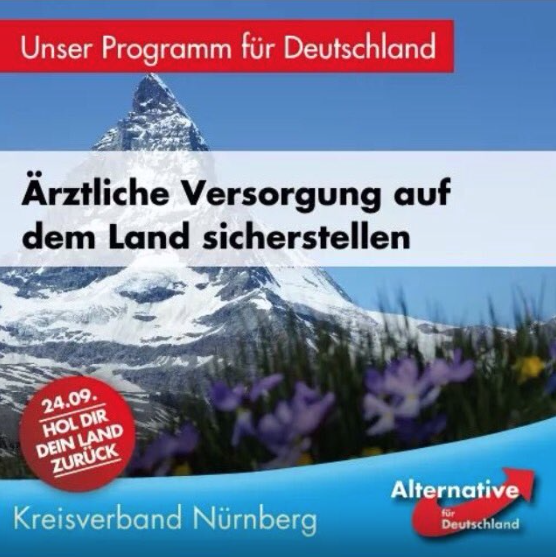 Will die AfD auch bei der ärztlichen Versorgung in der Schweiz helfen? Dieser Matterhorn-Post sorgt für Spott. (Bild: Screenshot Twitter/ AfD Nürnberg)