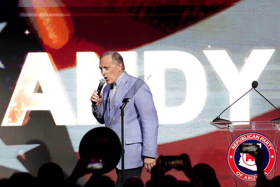 Rep. Andy Biggs, R-Ariz., speaks at the Republican watch party in Scottsdale, Ariz., Tuesday, Nov. 8, 2022. (AP Photo/Ross D. Franklin)