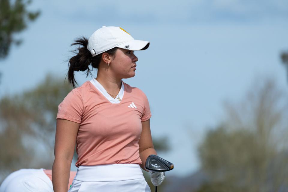 Ashley Menne of Arizona State University watches her ball after teeing off at the 14th hole at Papago Golf Club during the "Dual in the Desert" match on Feb. 25, 2024, in Phoenix.