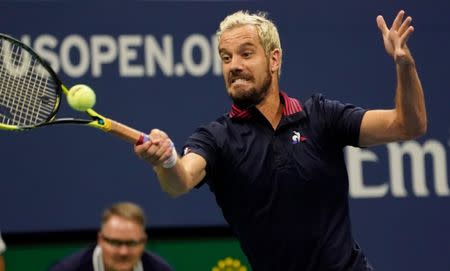 Sept 1, 2018; New York, NY, USA; Richard Gasquet of France hits to Novak Djokovic of Serbia in a third round match on day six of the 2018 U.S. Open tennis tournament at USTA Billie Jean King National Tennis Center. Mandatory Credit: Robert Deutsch-USA TODAY Sports