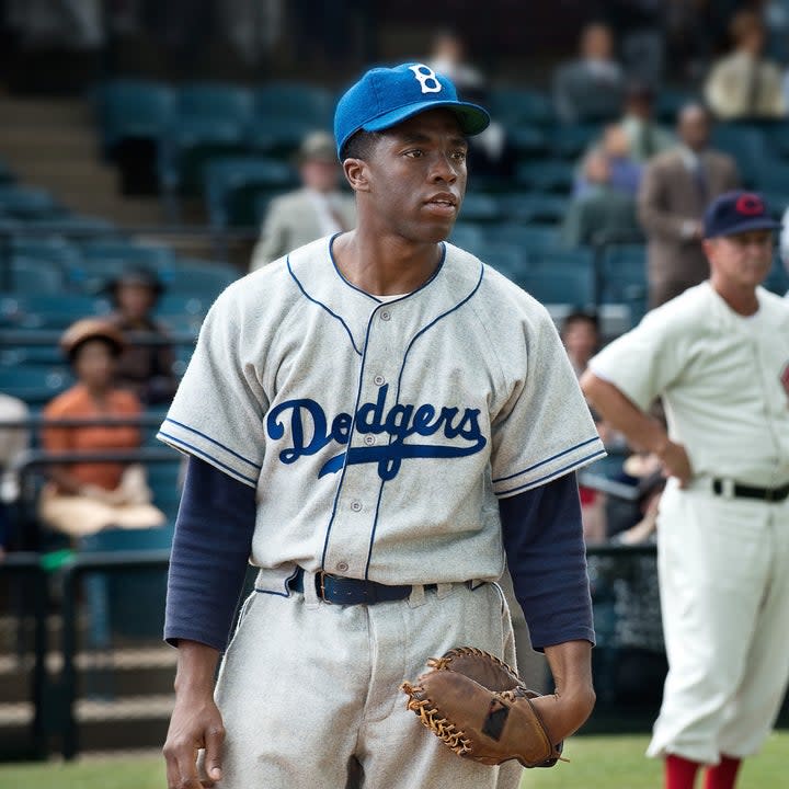Jackie Robinson wearing his Dodgers uniform in 42