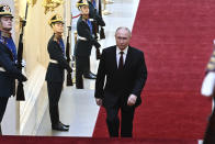 Russian President Vladimir Putin arrives for an inauguration ceremony to begin his fifth term as Russian president in the Grand Kremlin Palace in Moscow, Russia, Tuesday, May 7, 2024. (Alexey Maishev, Sputnik, Kremlin Pool Photo via AP)