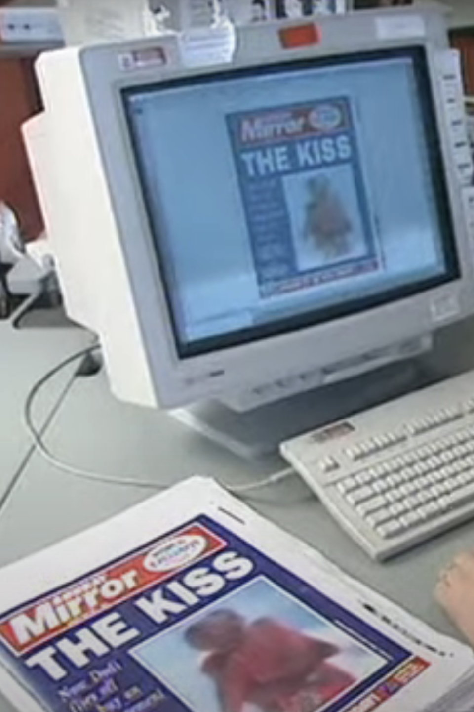 Computer monitor displaying a newspaper titled 